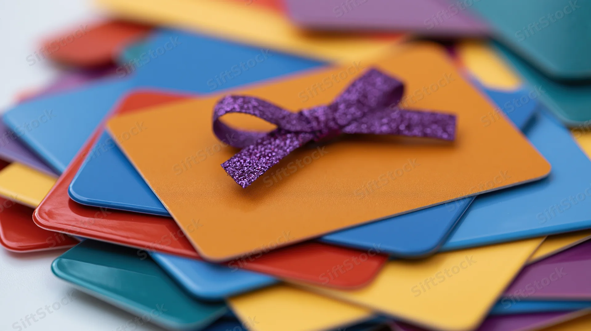 Orange gift card tied with sparkly purple ribbon bow stacked with colorful cards