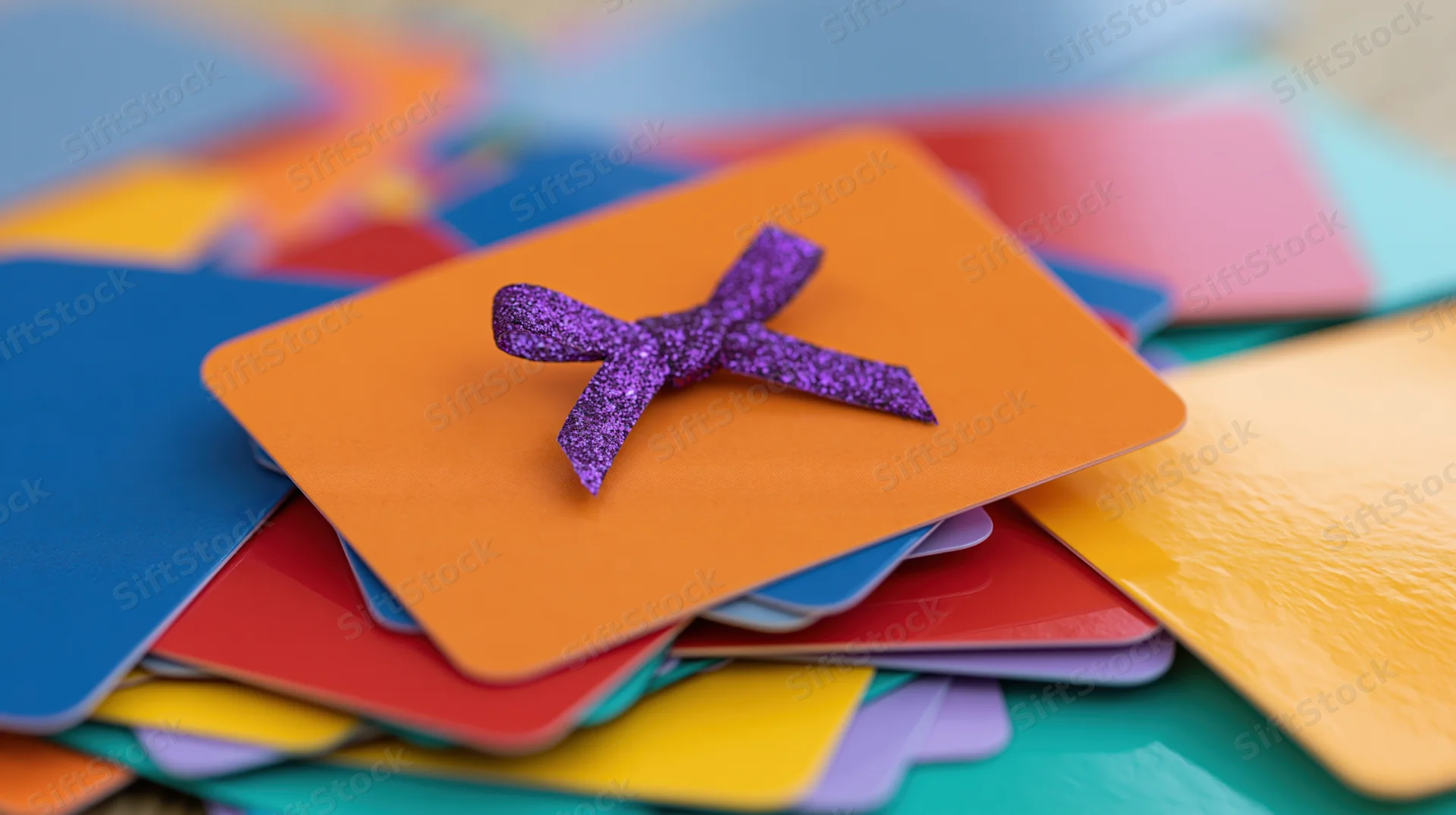 Orange gift card with sparkly purple ribbon bow on a stack of colorful cards