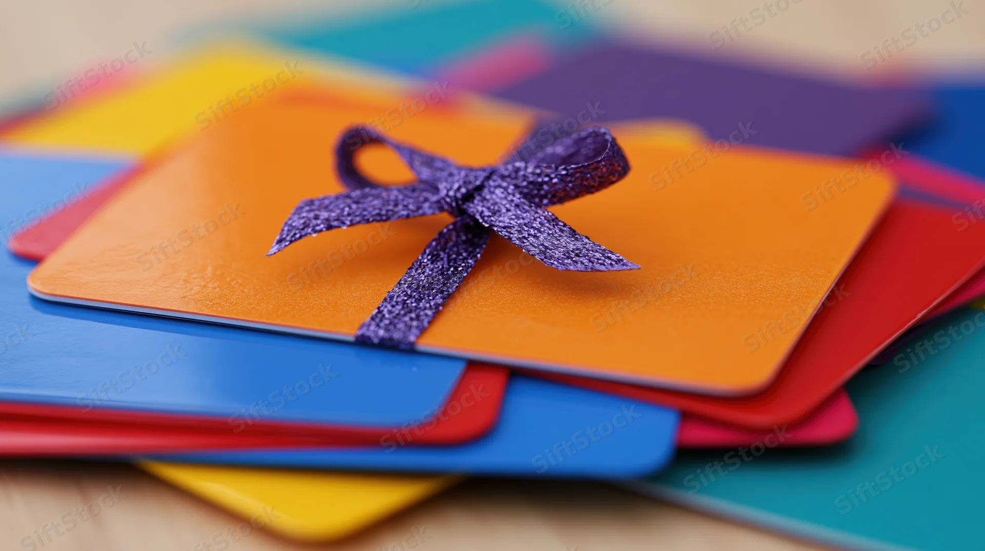 Orange gift card tied with sparkly purple ribbon bow resting on a stack of colorful cards