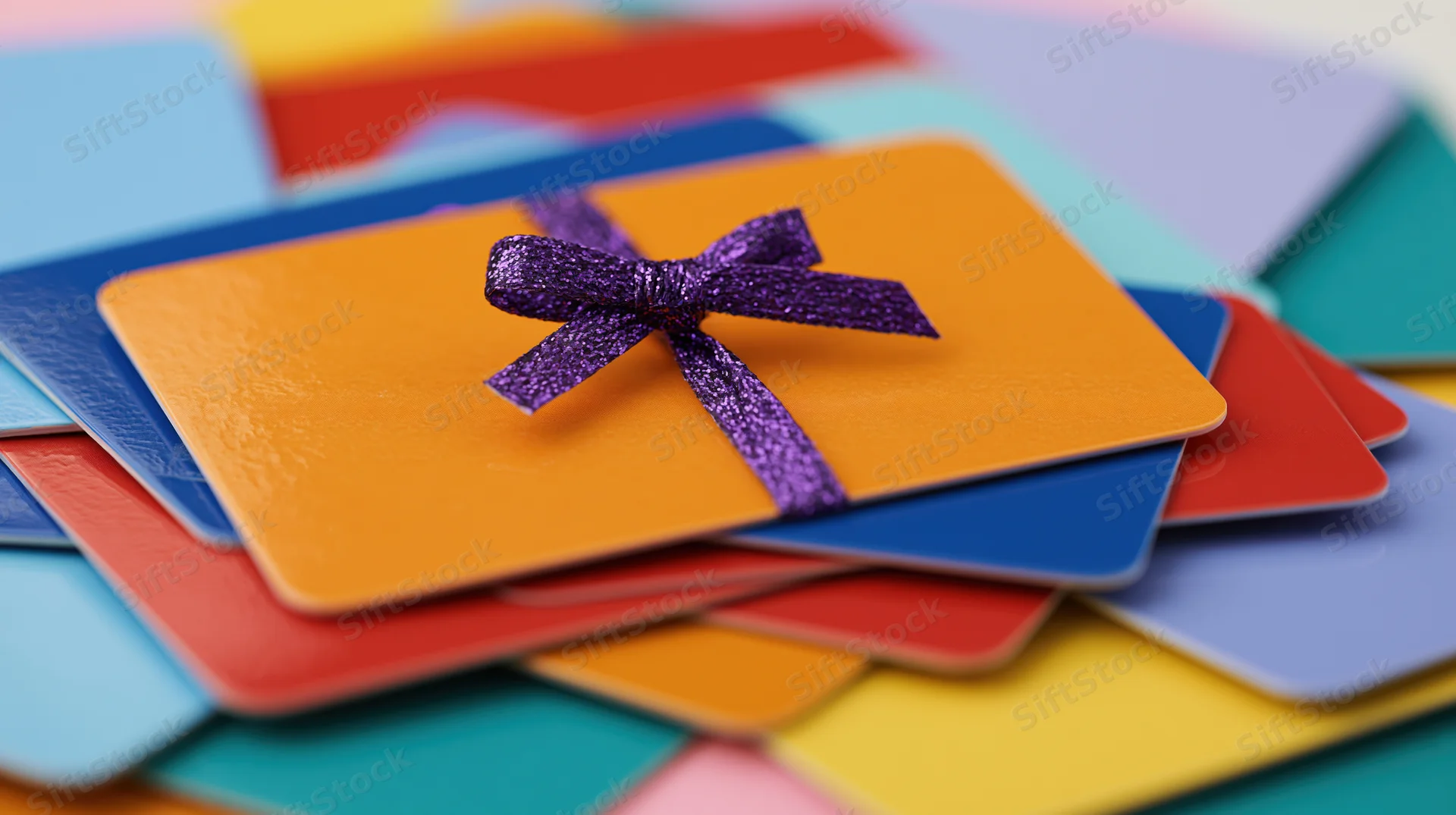 Orange gift card tied with sparkly purple ribbon bow stacked with colorful cards