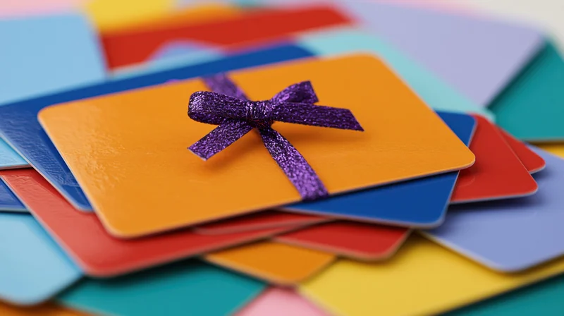 Orange gift card tied with sparkly purple ribbon bow stacked with colorful cards