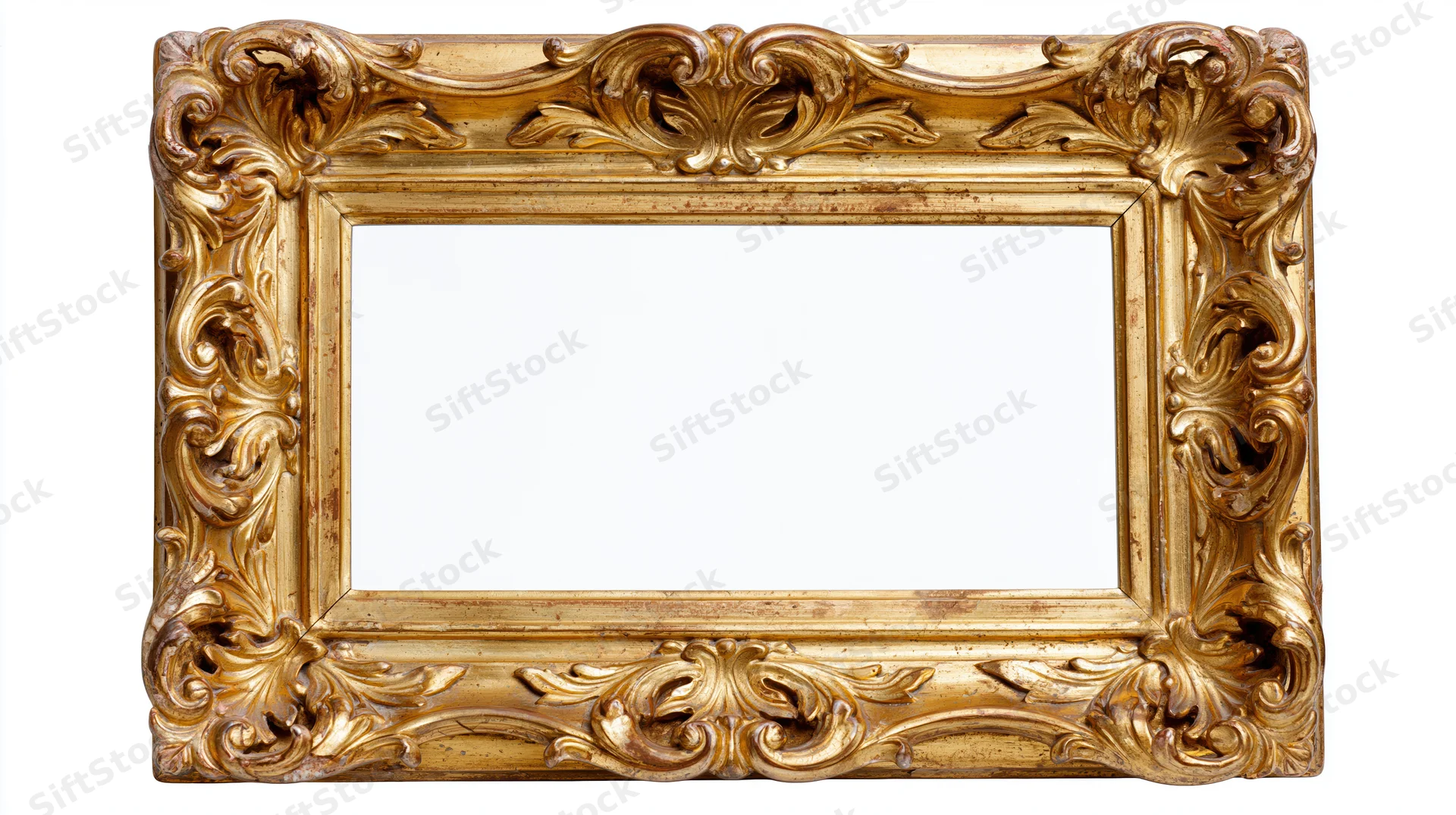 Ornate antique gilded frame with baroque carved floral details isolated on white