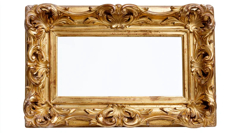 Ornate antique gilded frame with baroque carved floral details isolated on white