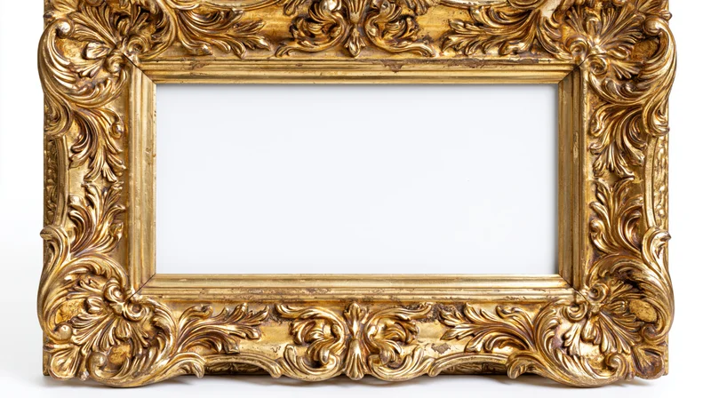 Ornate gilded picture frame with baroque carved floral details on white background