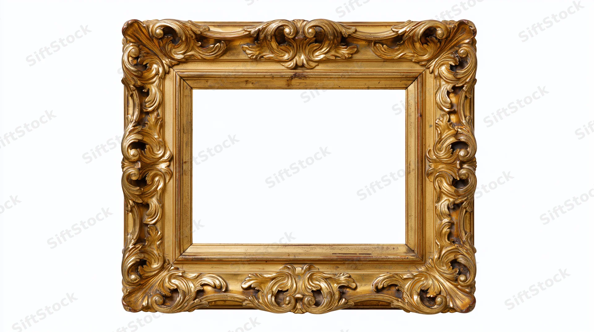 Ornate gilded picture frame with baroque carved floral details isolated on white