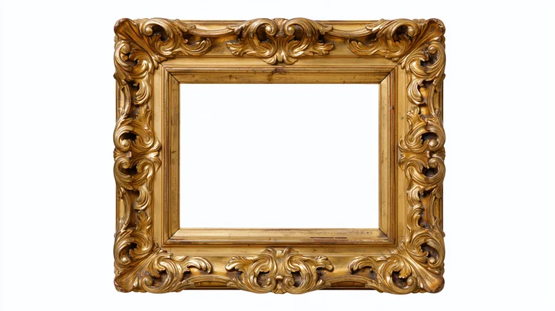 Ornate gilded picture frame with baroque carved floral details isolated on white