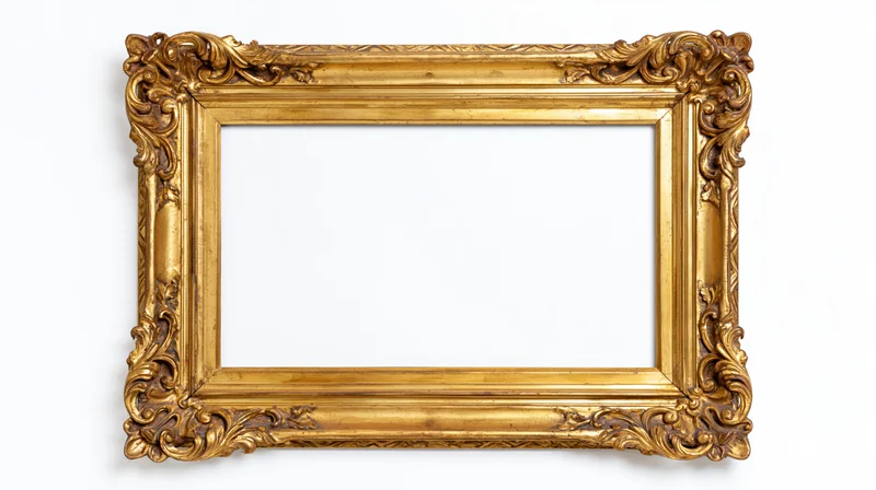 Ornate gold picture frame with baroque carved floral details isolated on white background