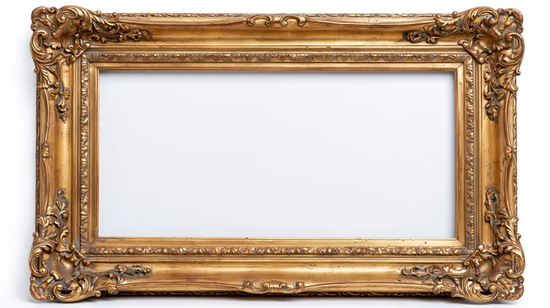 Ornate antique gold picture frame with baroque carved floral details on white background