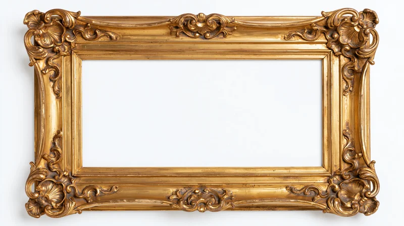 Ornate antique gold picture frame with baroque carved floral details isolated on white background