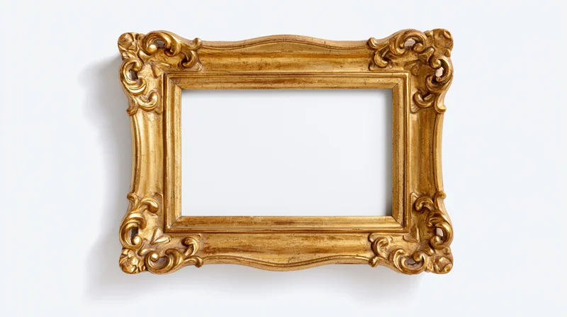 Ornate gold picture frame with baroque scrollwork hanging on white wall