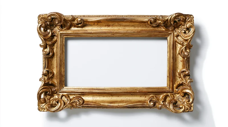 Ornate antique gold picture frame with baroque scrollwork on white background