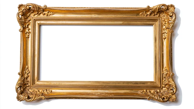 Ornate gold picture frame with baroque scrollwork isolated on white background