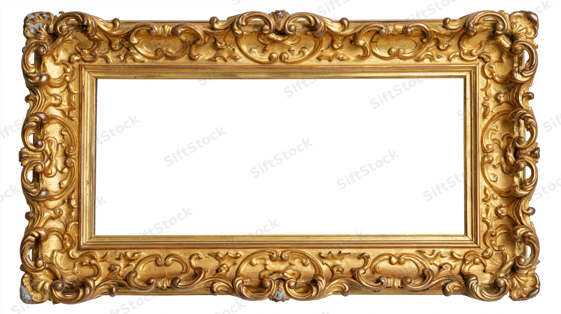 Ornate antique gold picture frame with elaborate baroque scrollwork, empty and isolated on white background