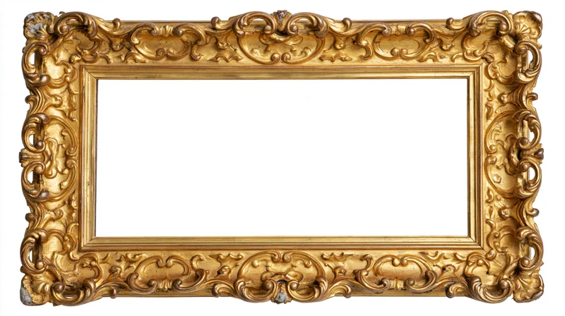 Ornate antique gold picture frame with elaborate baroque scrollwork, empty and isolated on white background