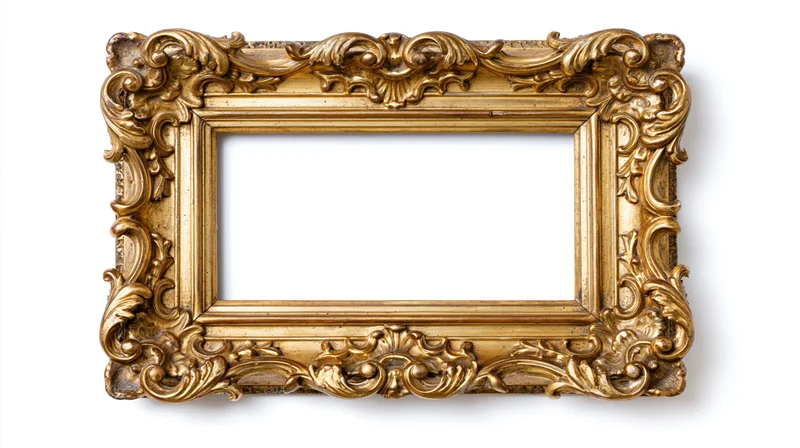 Ornate antique gold picture frame with baroque scrollwork isolated on white background
