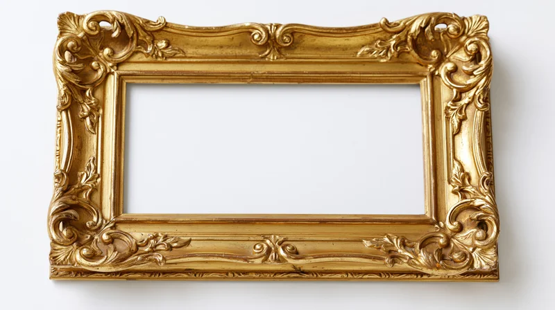 Ornate baroque gilt picture frame with carved scrollwork and empty center on white background