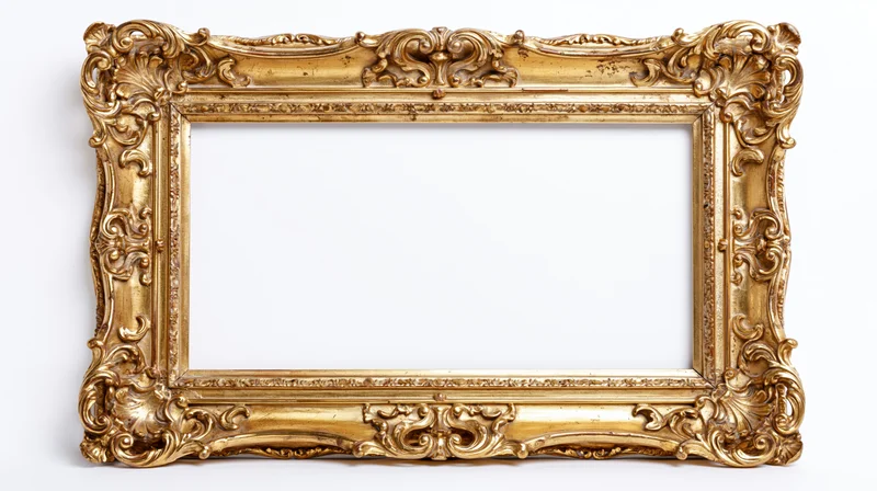 Ornate baroque gilt picture frame with carved scrollwork isolated on white background