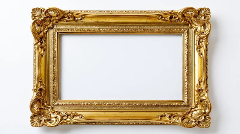 Ornate baroque gilt picture frame with carved scrollwork hanging on white wall