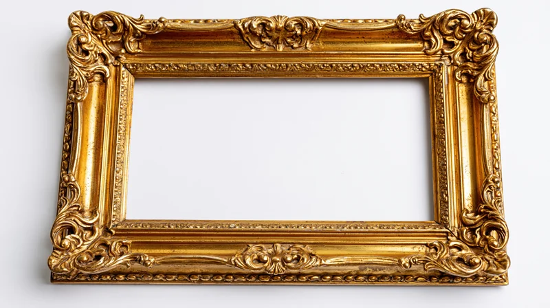 Ornate baroque gilt picture frame with carved scrollwork on white background