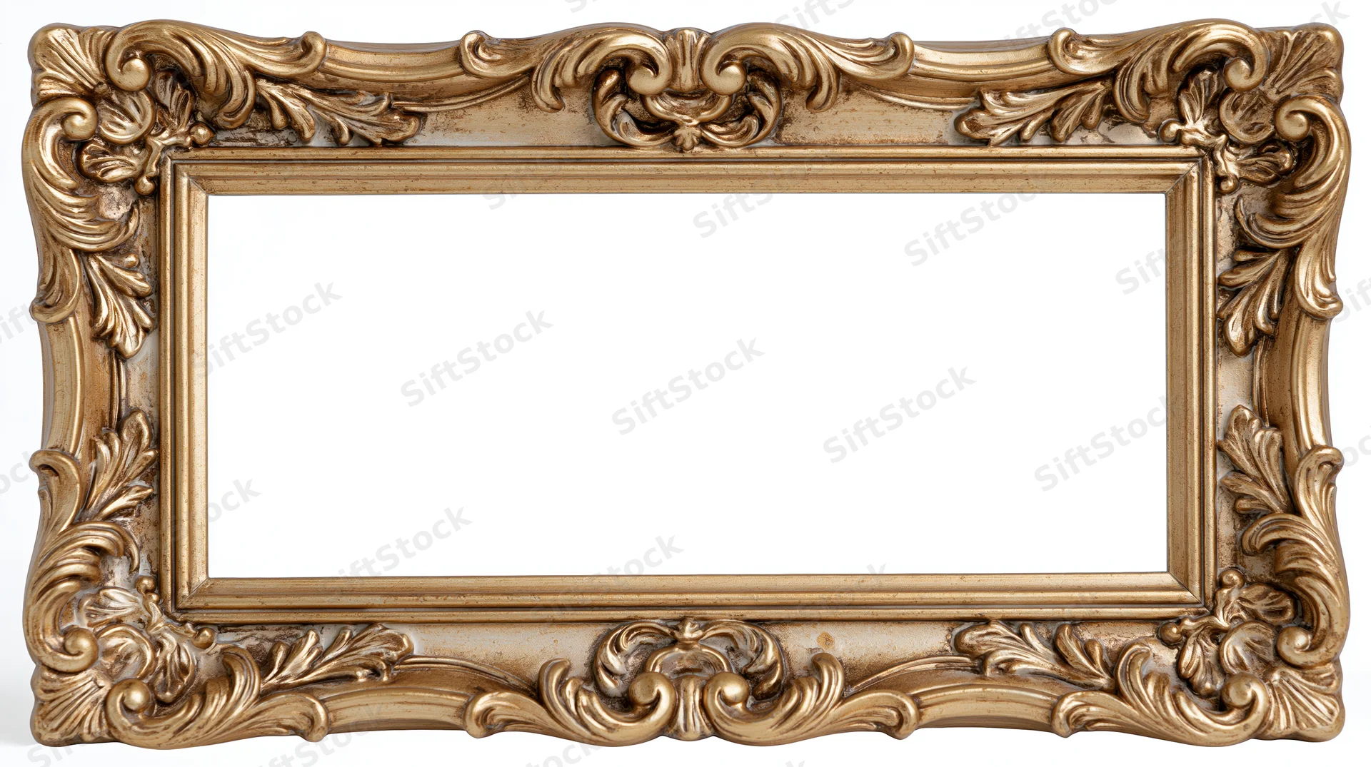 Ornate baroque gold picture frame with intricate scrollwork and empty white center for display