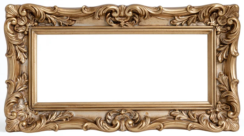 Ornate baroque gold picture frame with intricate scrollwork and empty white center for display