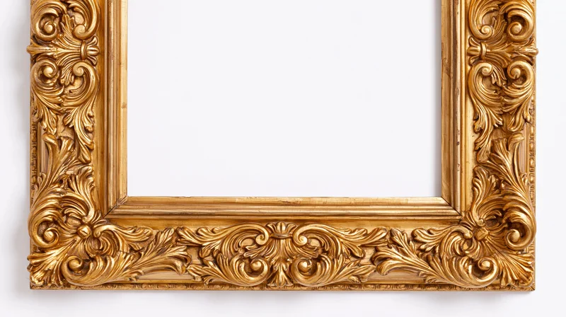 Ornate baroque gold picture frame with intricate scrollwork and acanthus leaf carvings, isolated on white background