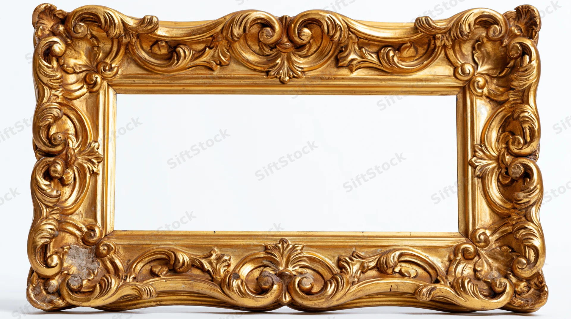 Ornate baroque gold frame with intricate carved scrollwork isolated on white background