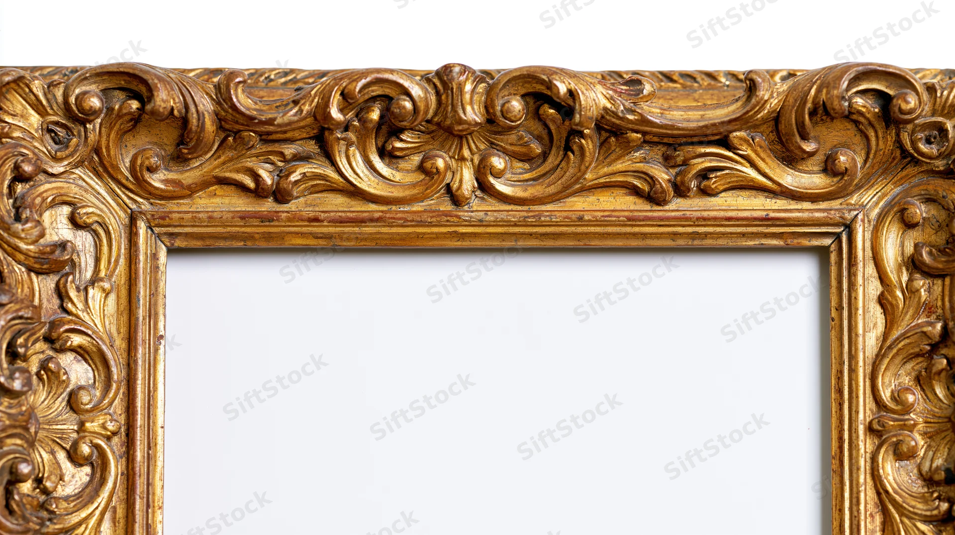 Ornate baroque frame with intricate carved scrollwork isolated on white background
