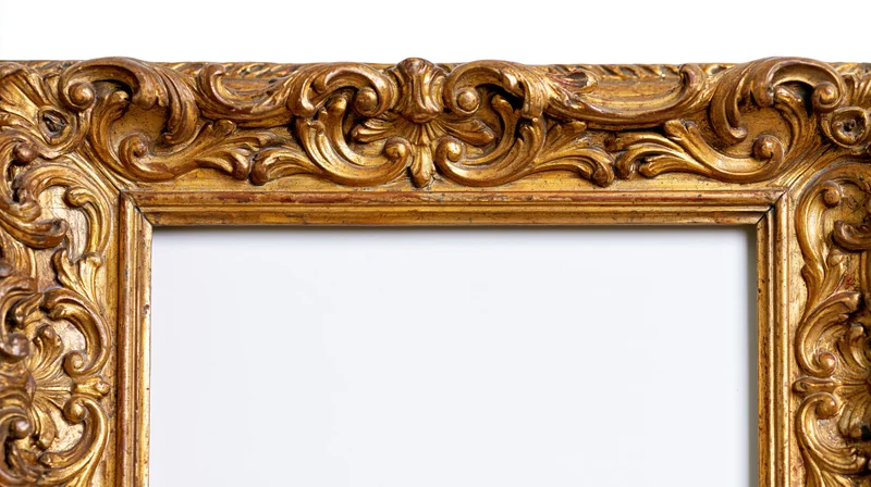 Ornate baroque frame with intricate carved scrollwork isolated on white background