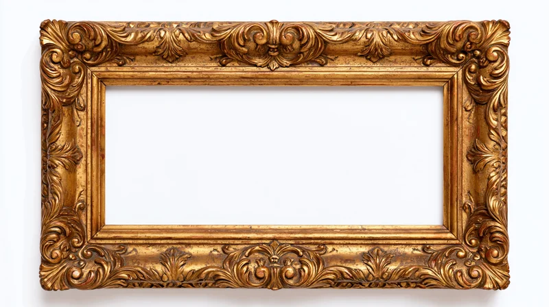 Ornate baroque gold frame with intricate carved scrollwork isolated on white background