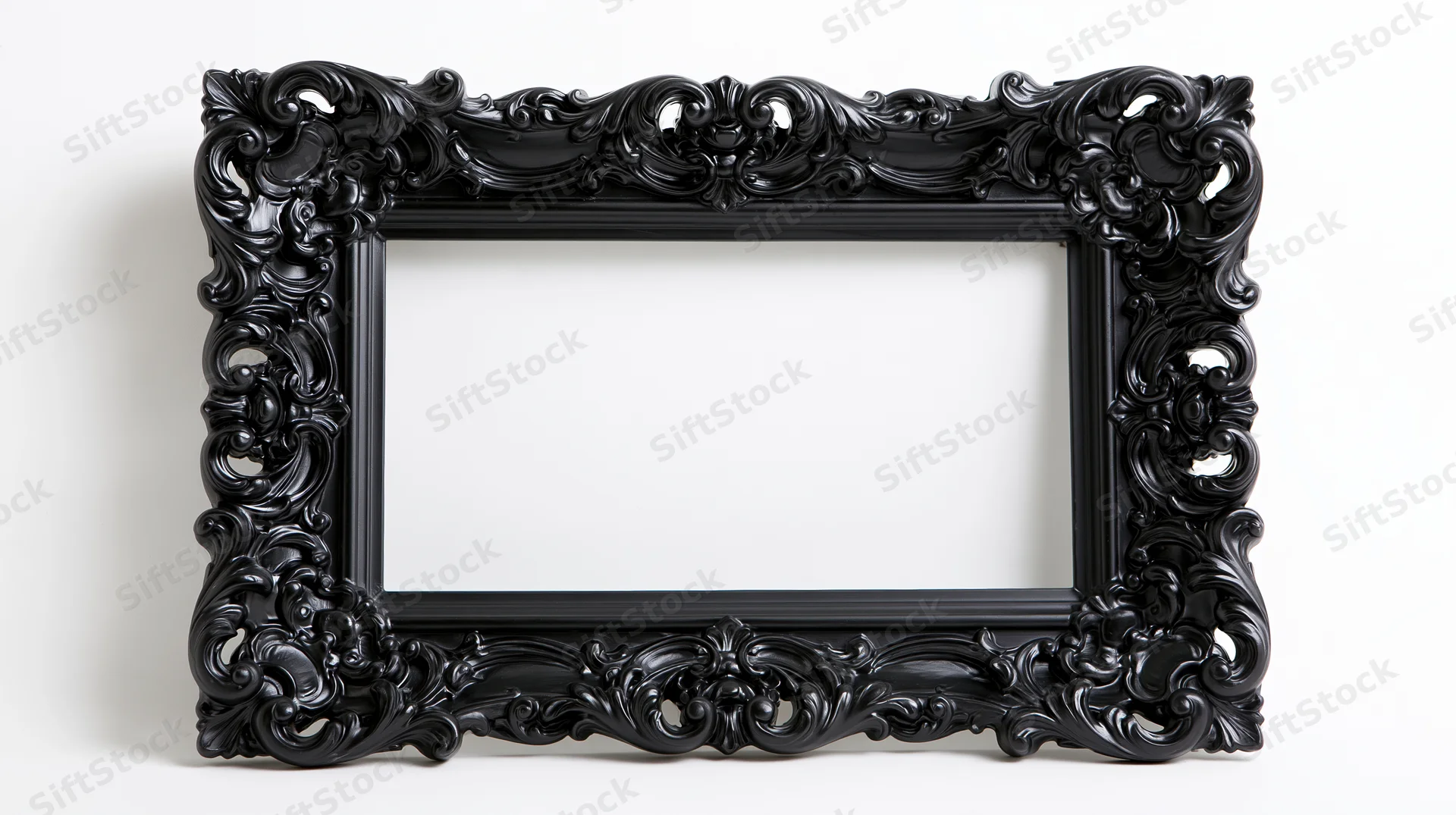 Ornate black baroque frame with carved scrollwork against white background