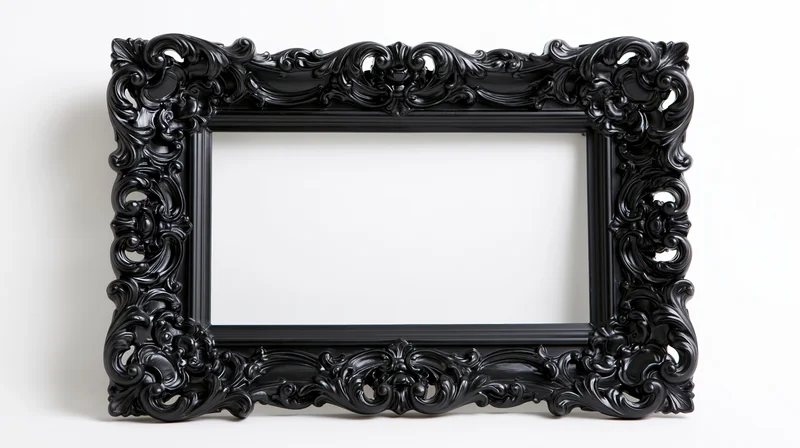 Ornate black baroque frame with carved scrollwork against white background