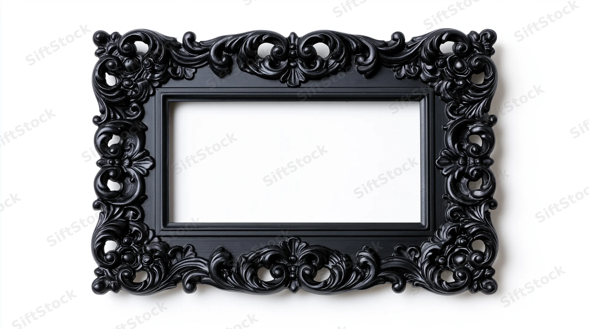 Ornate black baroque picture frame with elaborate carved scrollwork on white background