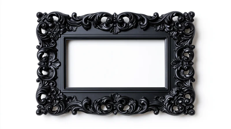Ornate black baroque picture frame with elaborate carved scrollwork on white background