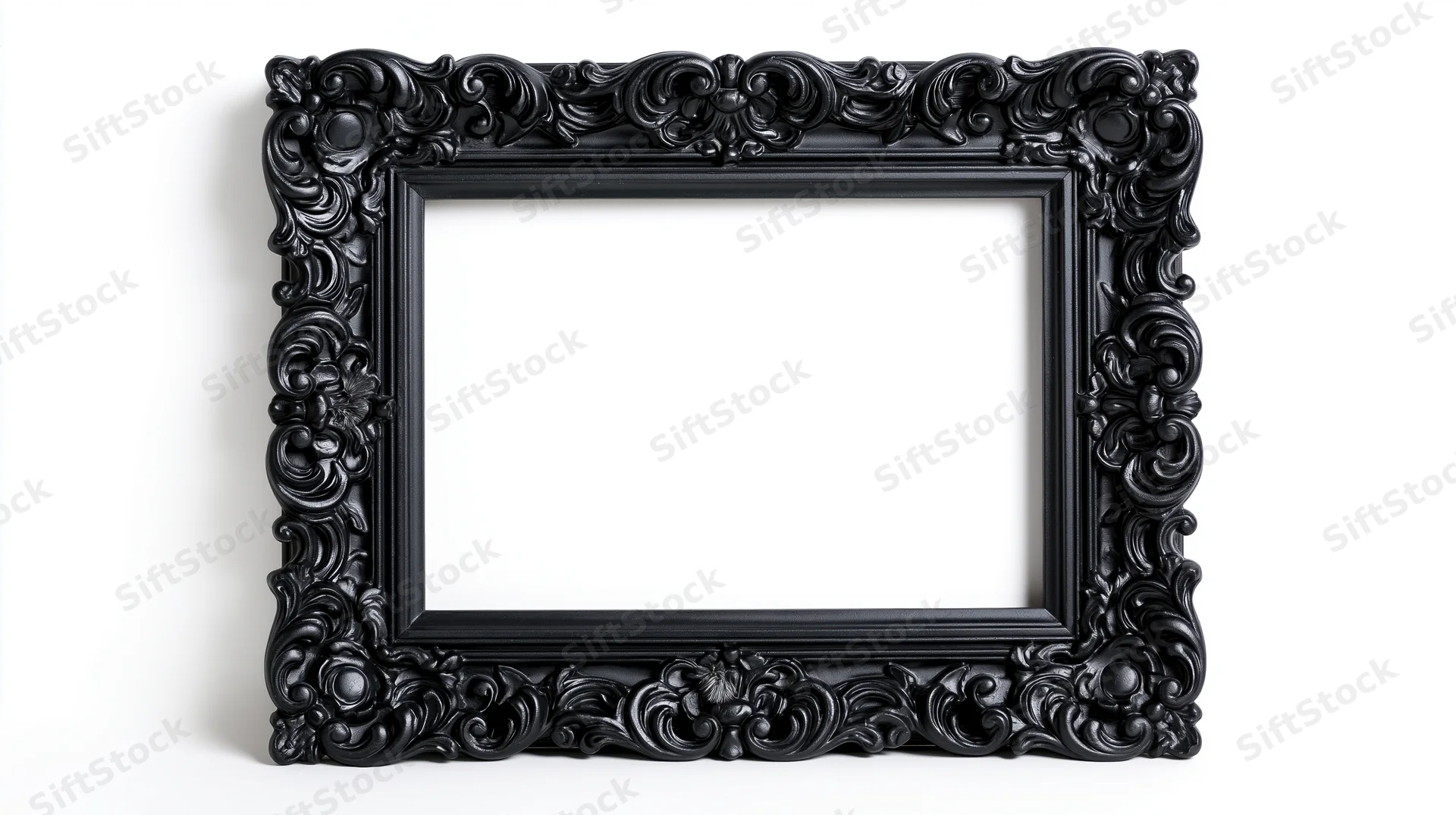 Ornate black baroque picture frame with elaborate carved scrollwork isolated on white background