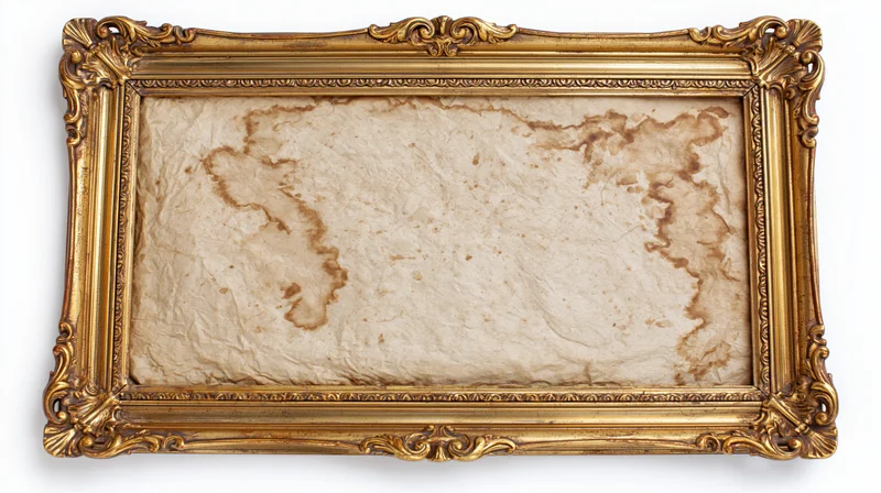 Ornate gilded frame holding aged parchment paper on white background