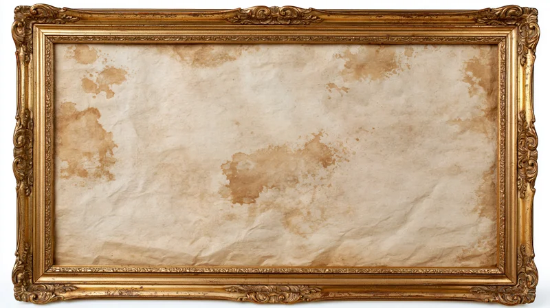 Ornate gilded frame holding aged parchment paper with visible stains and creases, isolated on white background