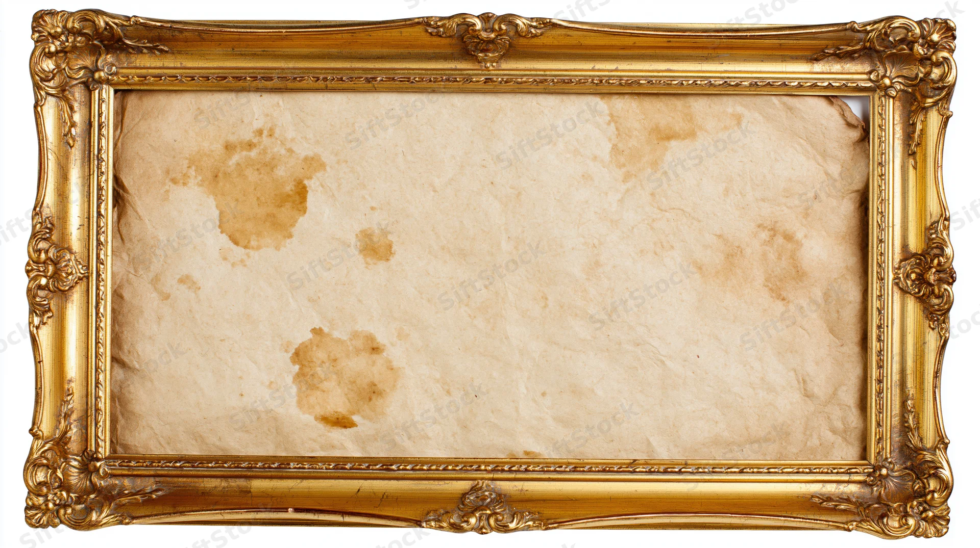 Ornate gilded frame holding aged parchment paper with visible stains and texture, isolated on white background