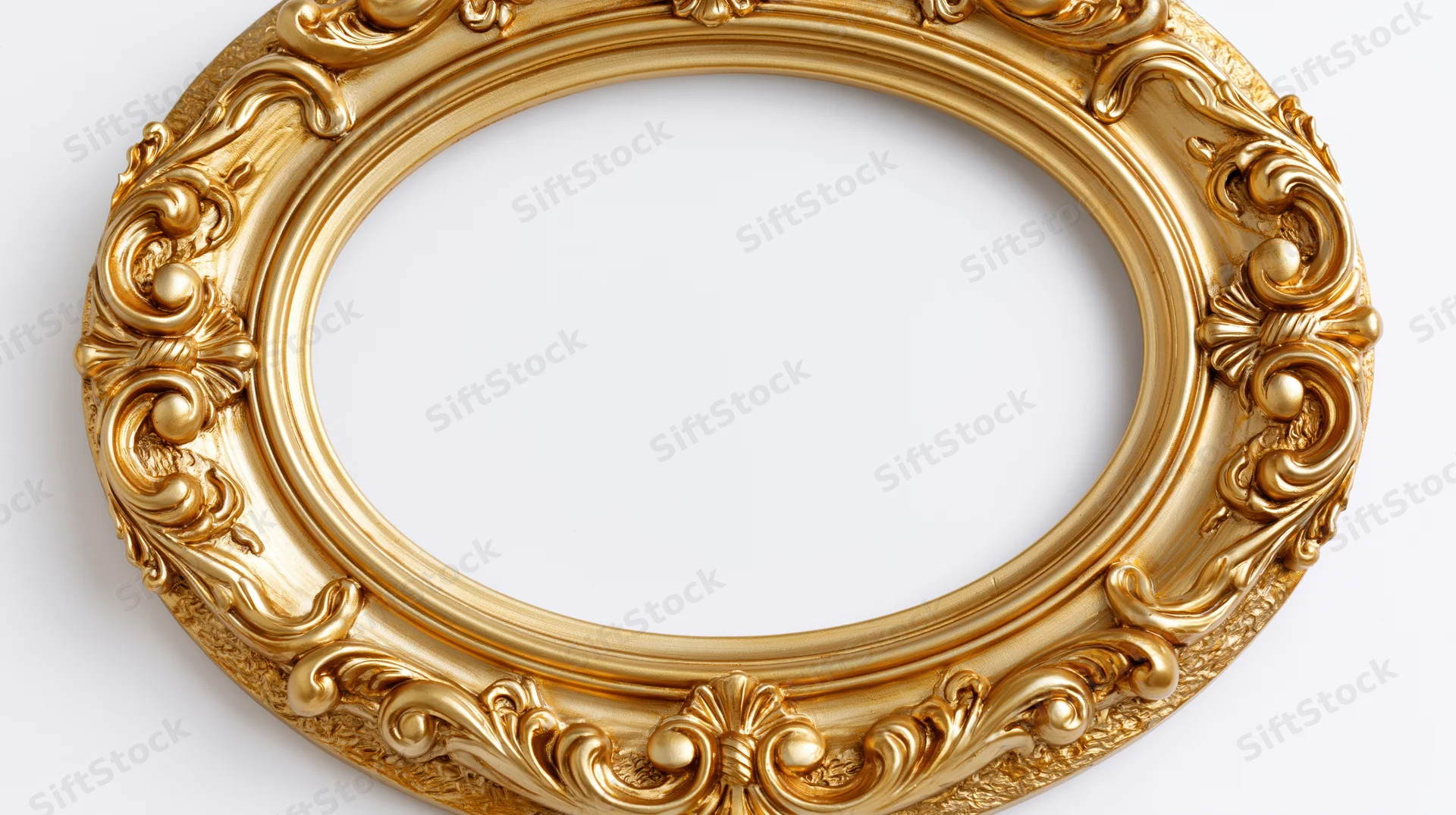 Ornate oval gold frame with baroque scroll and floral details on white background