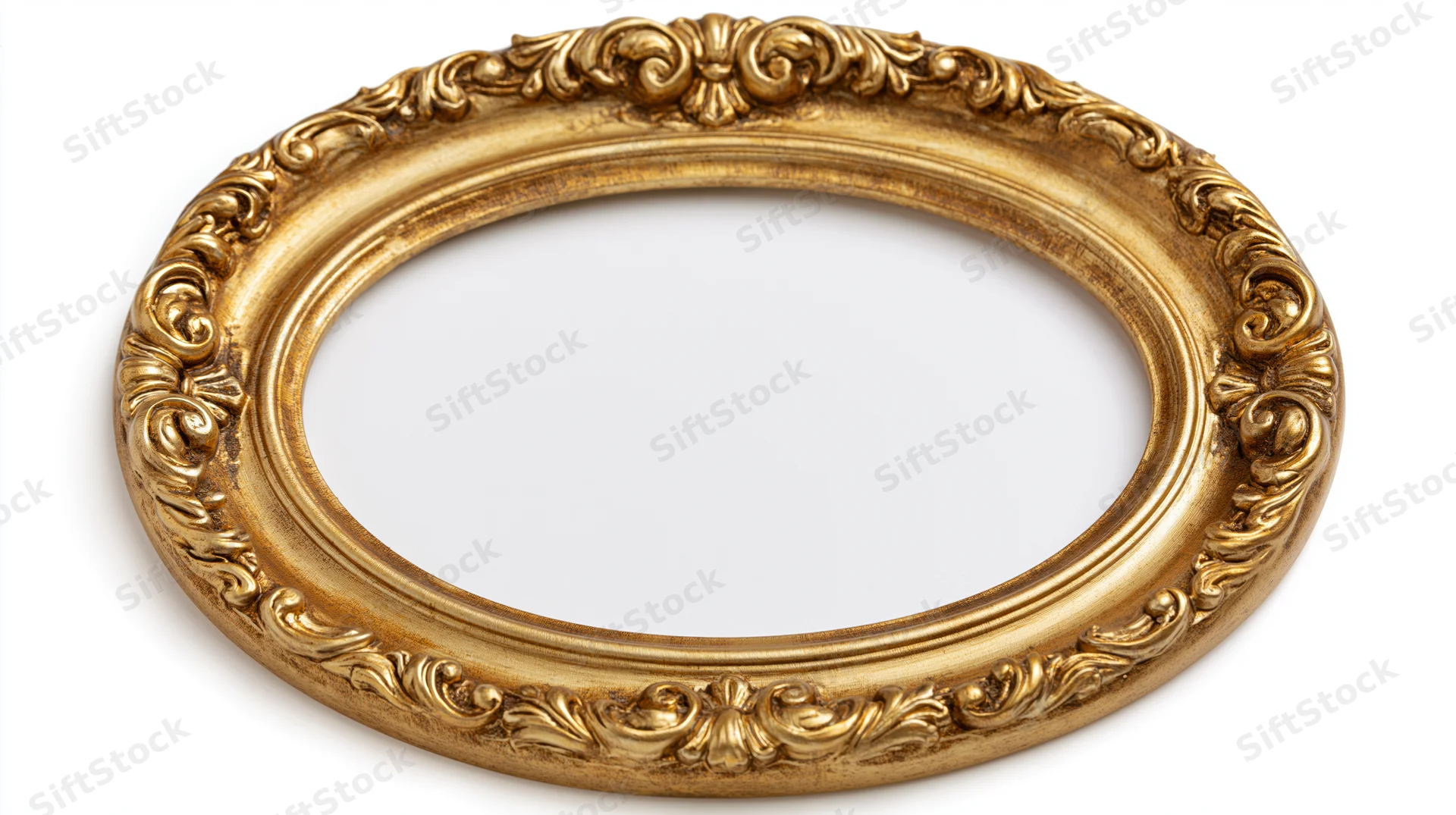 Ornate oval gold frame with baroque scroll and floral detailing on white background