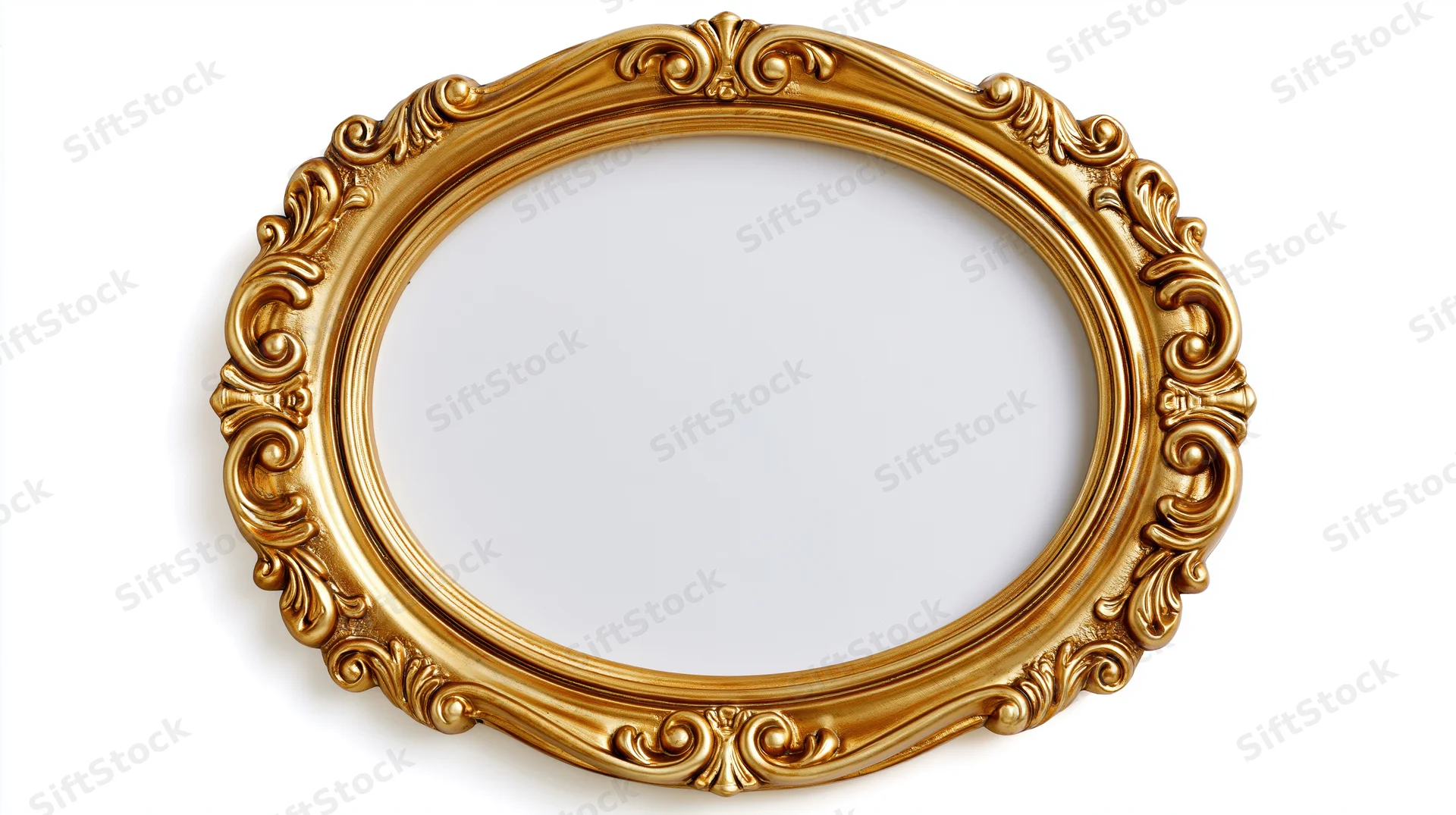 Ornate oval gold frame with baroque scrollwork on white background