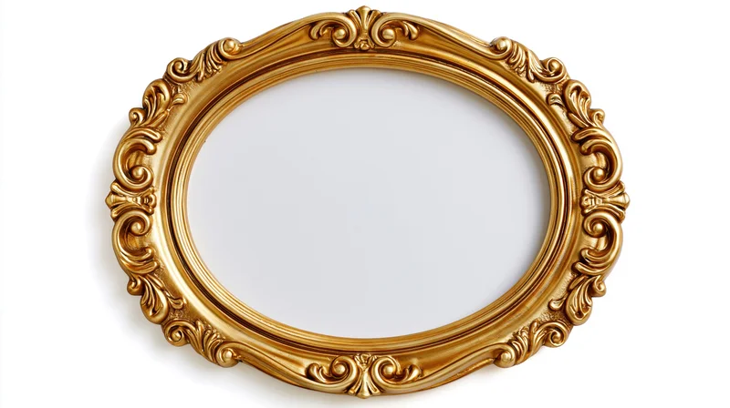 Ornate oval gold frame with baroque scrollwork on white background