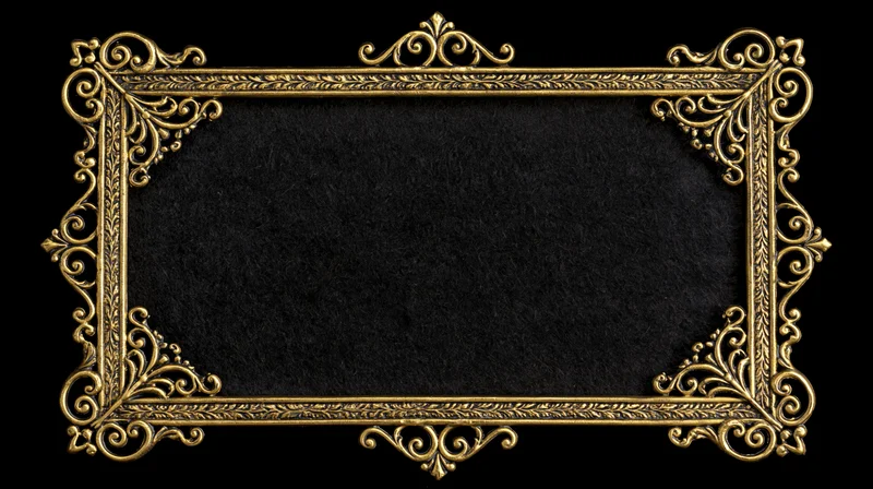 Ornate gold filigree frame with black textured background and copyspace