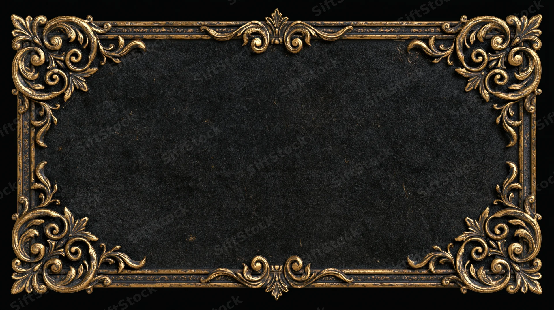 Ornate gold filigree frame border with black textured center and copyspace