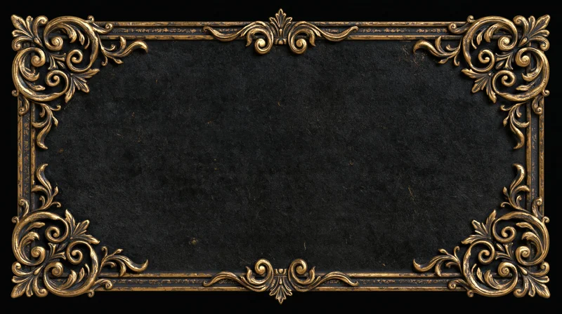Ornate gold filigree frame border with black textured center and copyspace