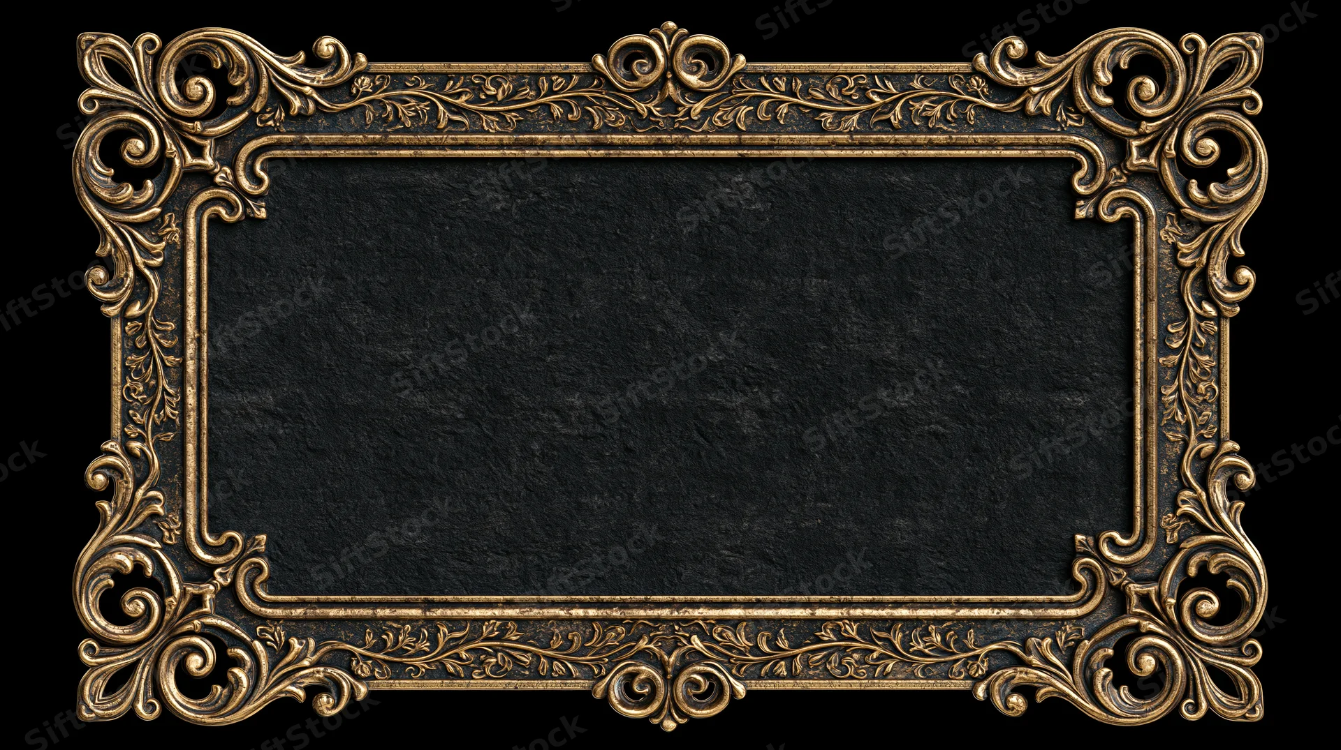 Ornate gold filigree frame with black textured background for display