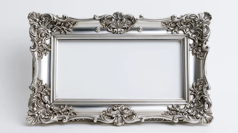 Ornate silver baroque frame with intricate scrollwork on white background