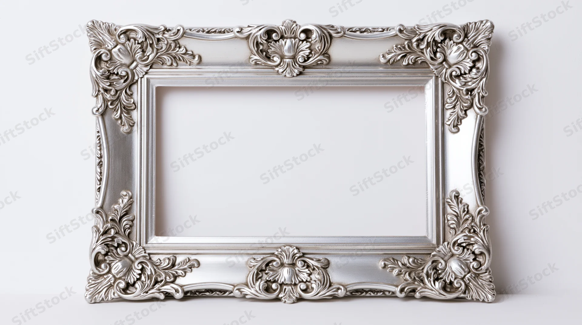 Ornate silver baroque picture frame with intricate scrollwork standing against white background