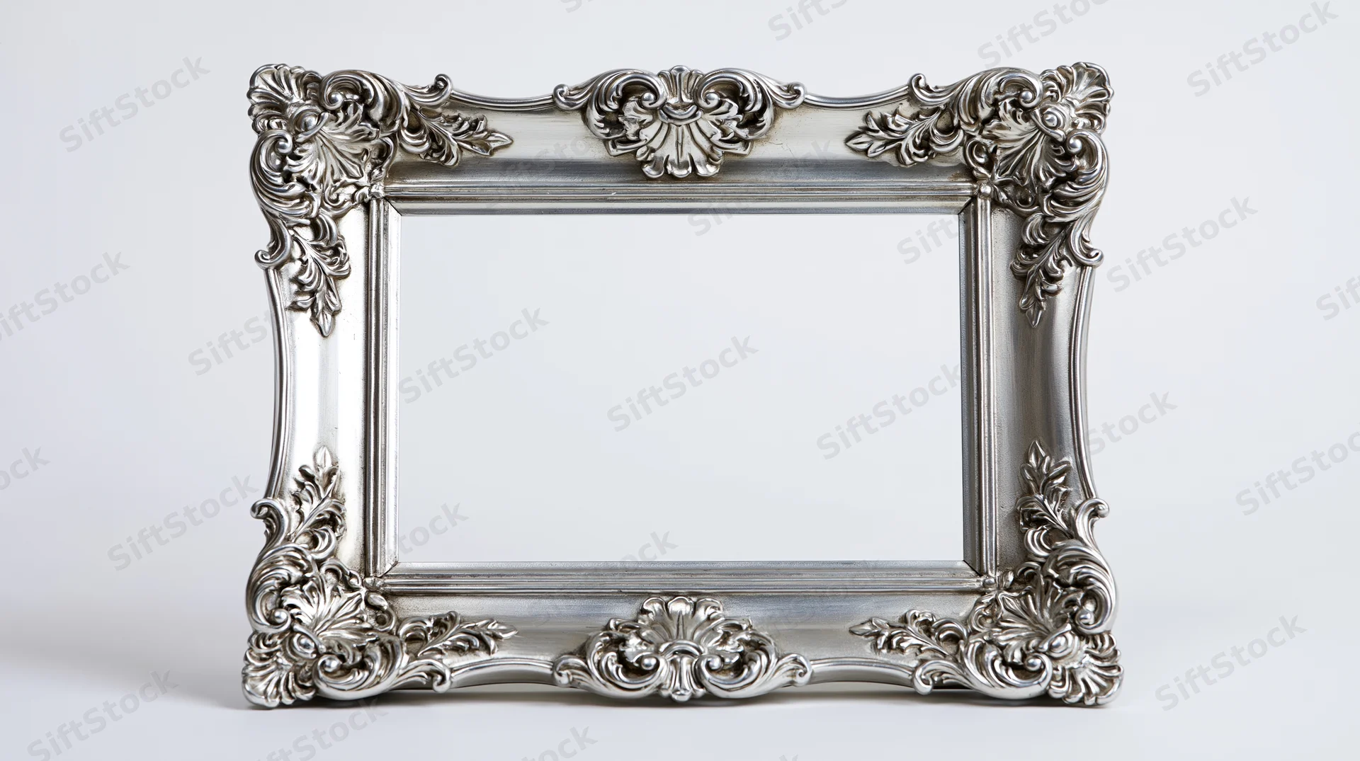 Ornate silver baroque picture frame with intricate scrollwork on white background