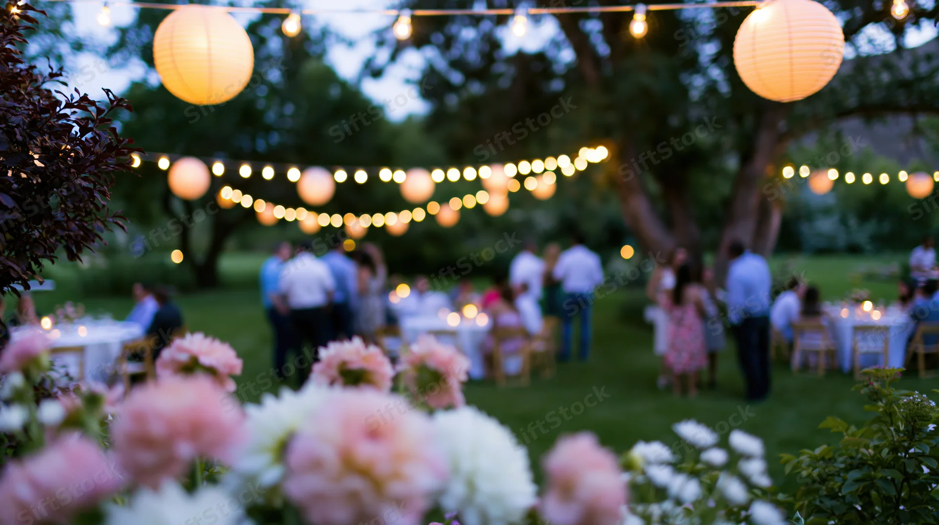 Guests mingling at outdoor garden reception at dusk with string lights and flowers in foreground